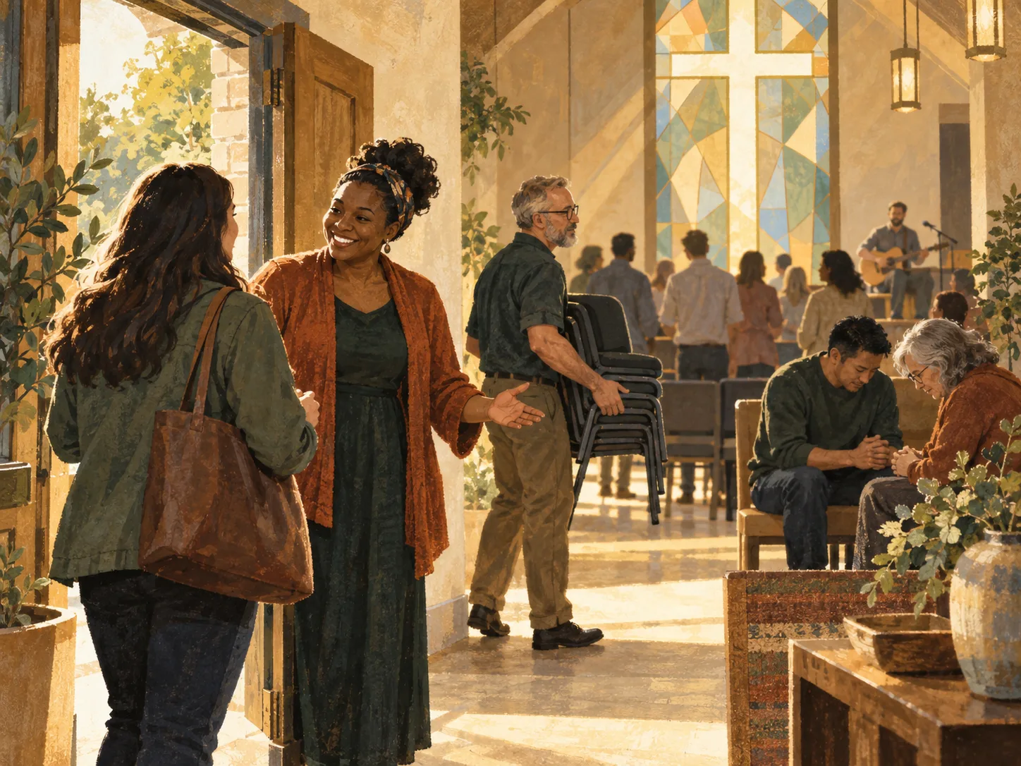 Church volunteers welcoming a guest, preparing seats, and praying together beneath a cross-shaped window