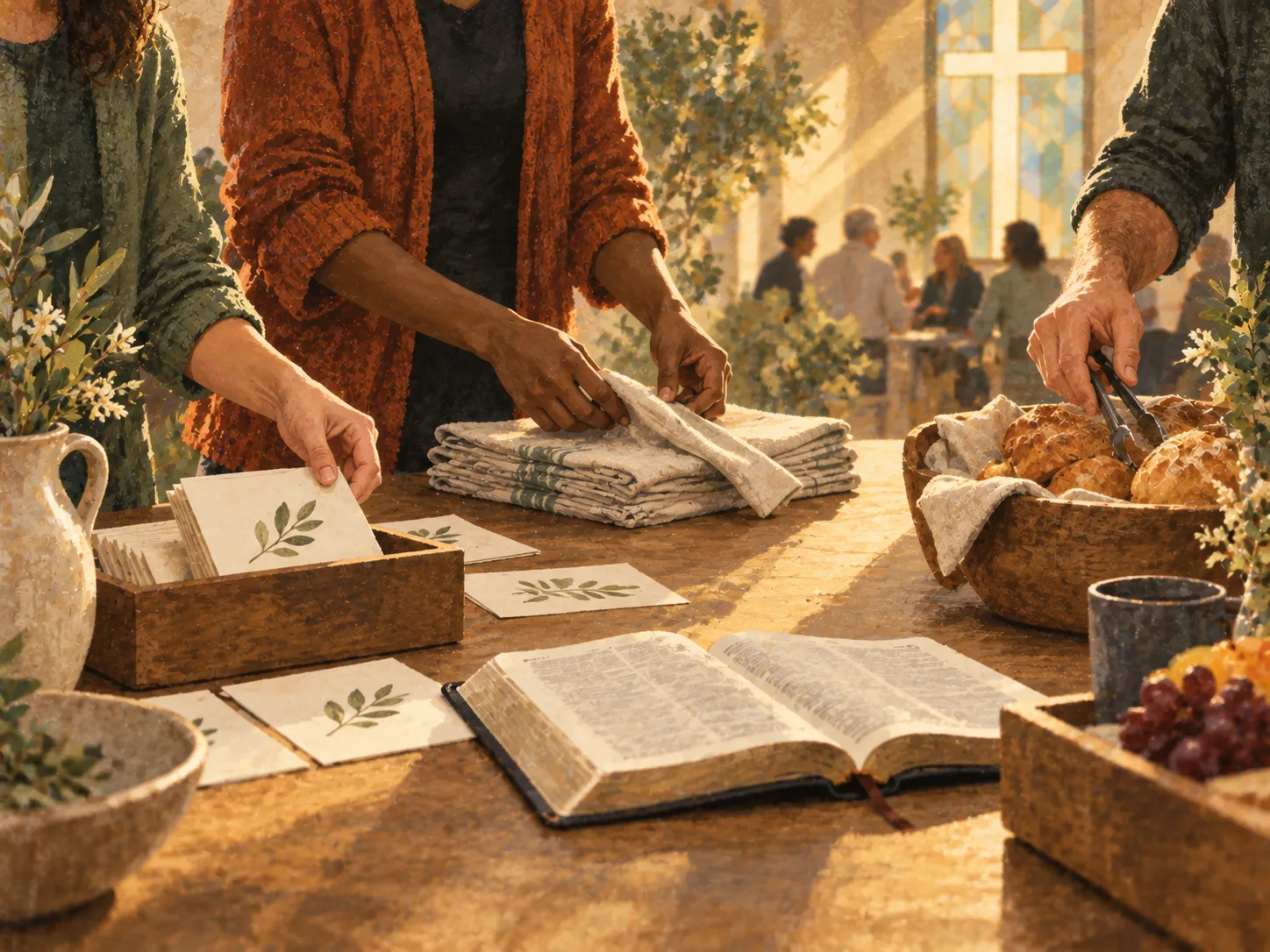 Volunteers prepare a church welcome table together beside an open Bible